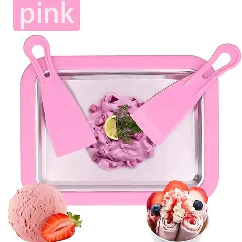 Household Ice Cream Maker Pan with 1 Scraper Instant Rolled Ice Cream Maker DIY Sorbet Frozen Yogurt Maker Ice Stir Fry Machine - Color: Pink